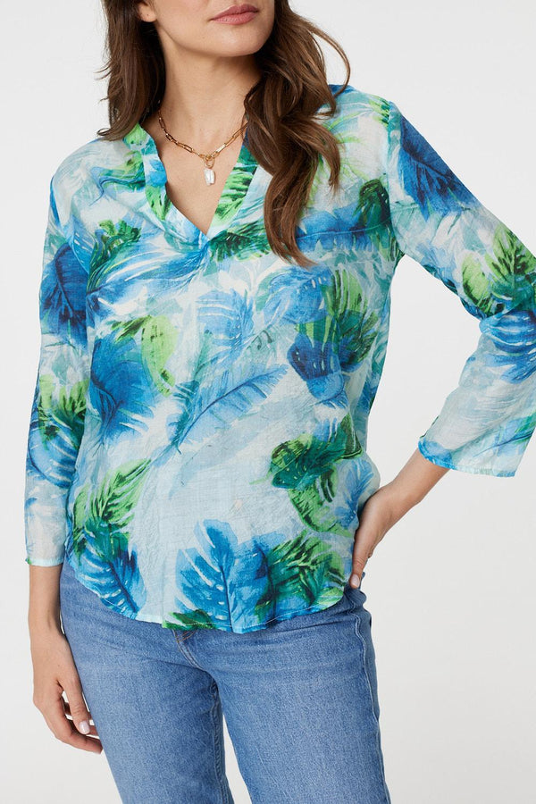 Blue | Tropical Print V-Neck 3/4 Sleeve Blouse