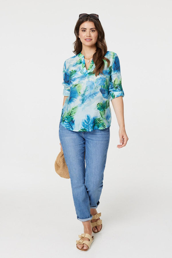 Blue | Tropical Print V-Neck 3/4 Sleeve Blouse