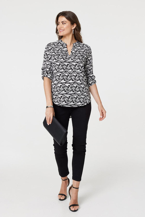 Black And White | Printed Collarless V-Neck 3/4 Blouse