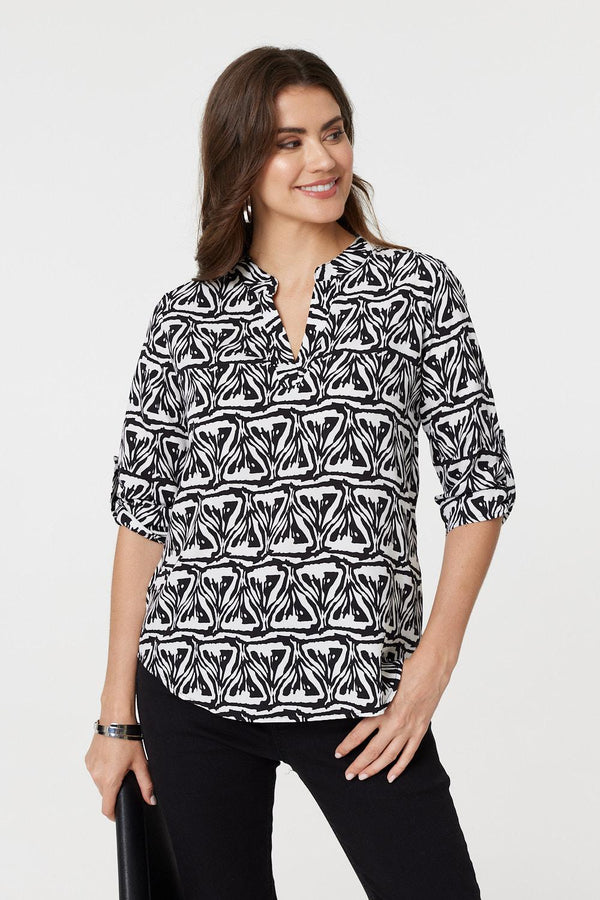 Black And White | Printed Collarless V-Neck 3/4 Blouse