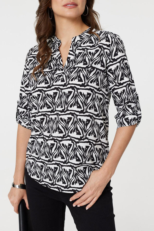 Black And White | Printed Collarless V-Neck 3/4 Blouse