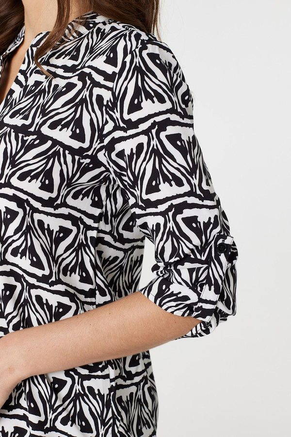 Black And White | Printed Collarless V-Neck 3/4 Blouse