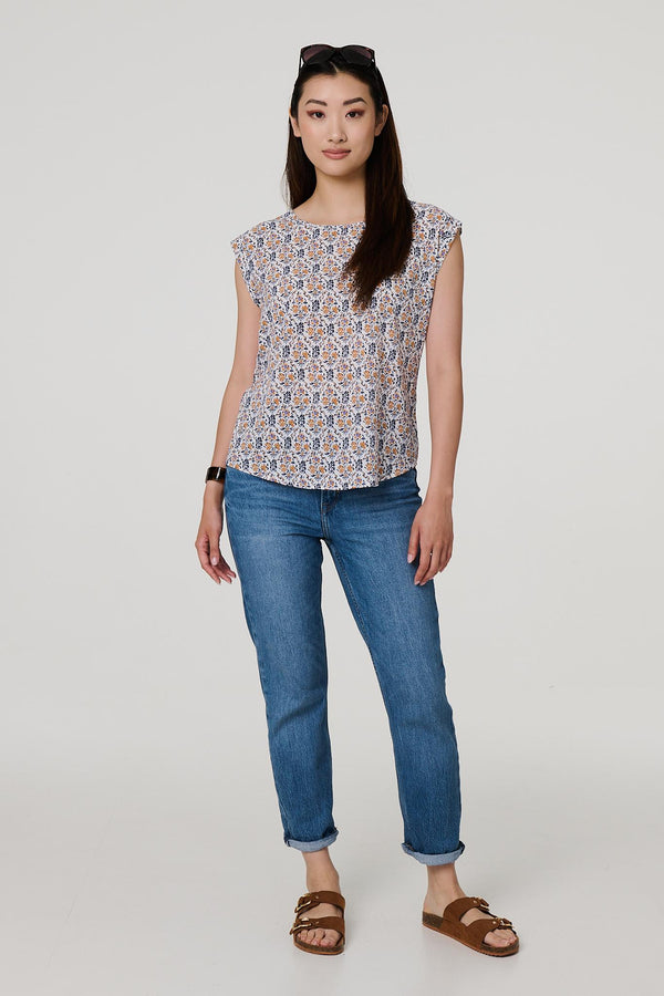 Navy | Floral Cap Sleeve Relaxed Top