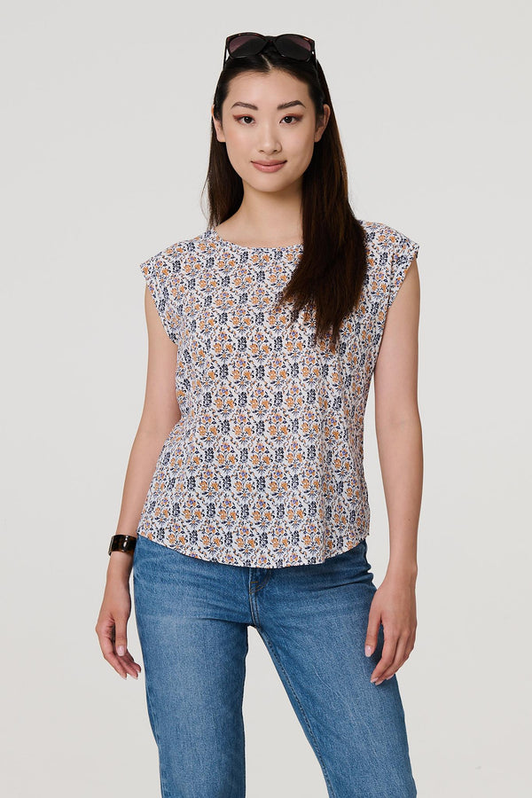 Navy | Floral Cap Sleeve Relaxed Top