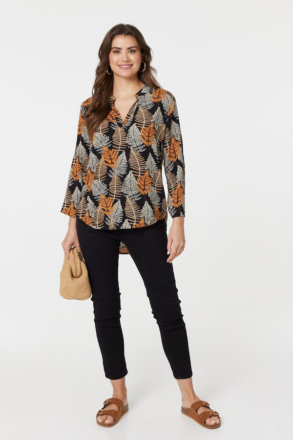 Black | Leaf Print Turn-Up Sleeve Blouse
