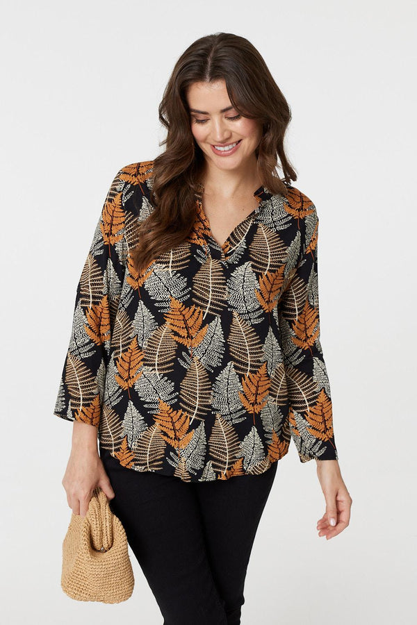 Black | Leaf Print Turn-Up Sleeve Blouse
