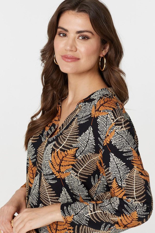 Black | Leaf Print Turn-Up Sleeve Blouse
