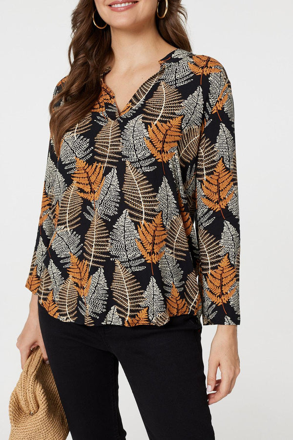 Black | Leaf Print Turn-Up Sleeve Blouse
