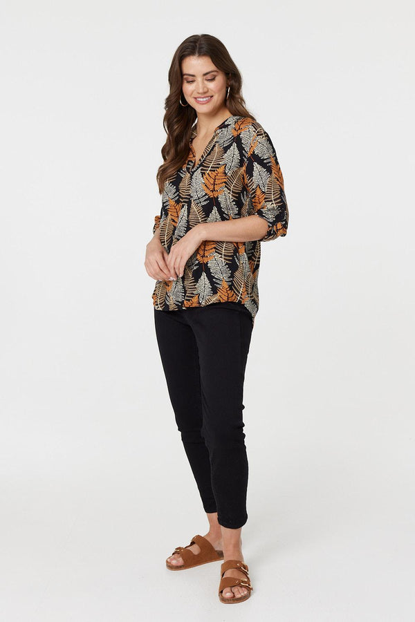 Black | Leaf Print Turn-Up Sleeve Blouse
