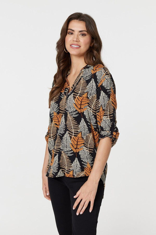 Black | Leaf Print Turn-Up Sleeve Blouse
