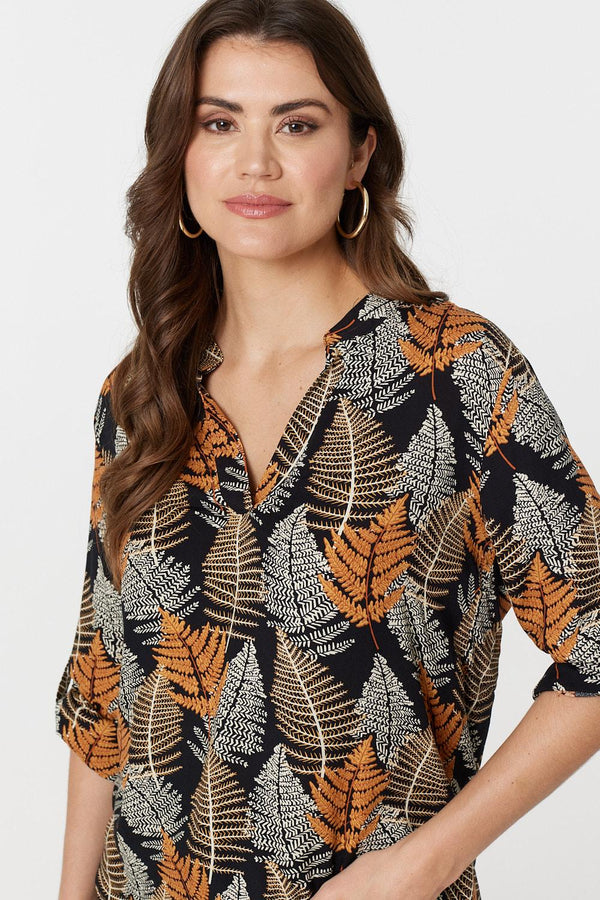 Black | Leaf Print Turn-Up Sleeve Blouse
