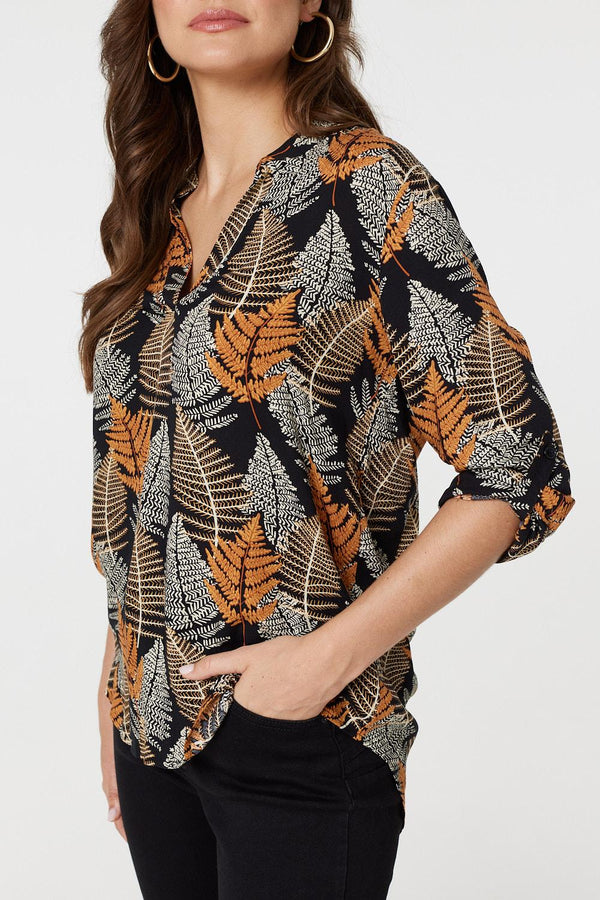 Black | Leaf Print Turn-Up Sleeve Blouse
