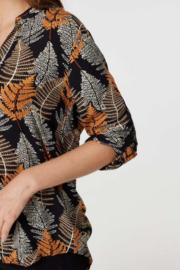 Black | Leaf Print Turn-Up Sleeve Blouse
