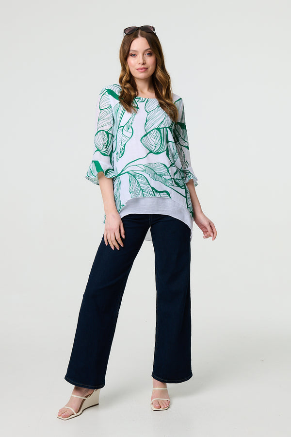 Green | Leaf Print 3/4 Sleeve Layered Tunic Top
