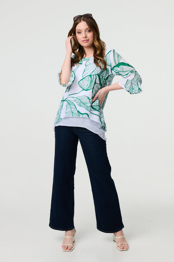 Green | Leaf Print 3/4 Sleeve Layered Tunic Top
