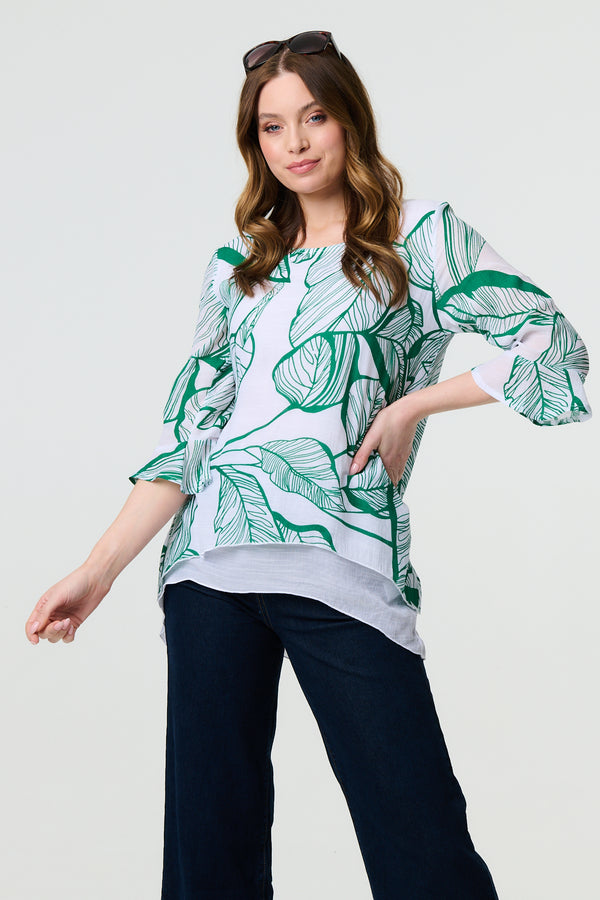 Green | Leaf Print 3/4 Sleeve Layered Tunic Top
