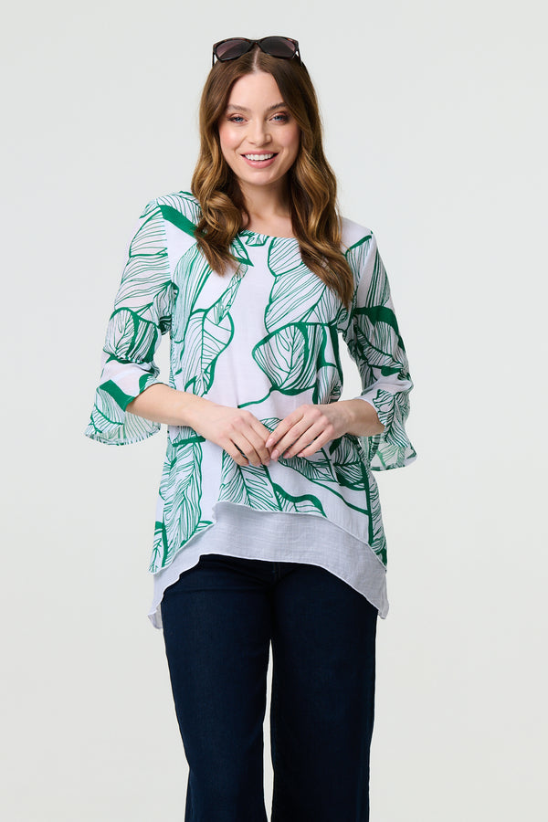 Green | Leaf Print 3/4 Sleeve Layered Tunic Top : Model is 5'9"/175 cm and wears UK8/EU36/US4/AUS8
