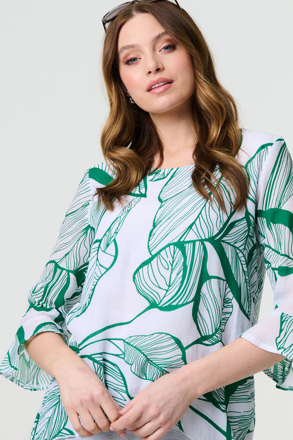 Green | Leaf Print 3/4 Sleeve Layered Tunic Top
