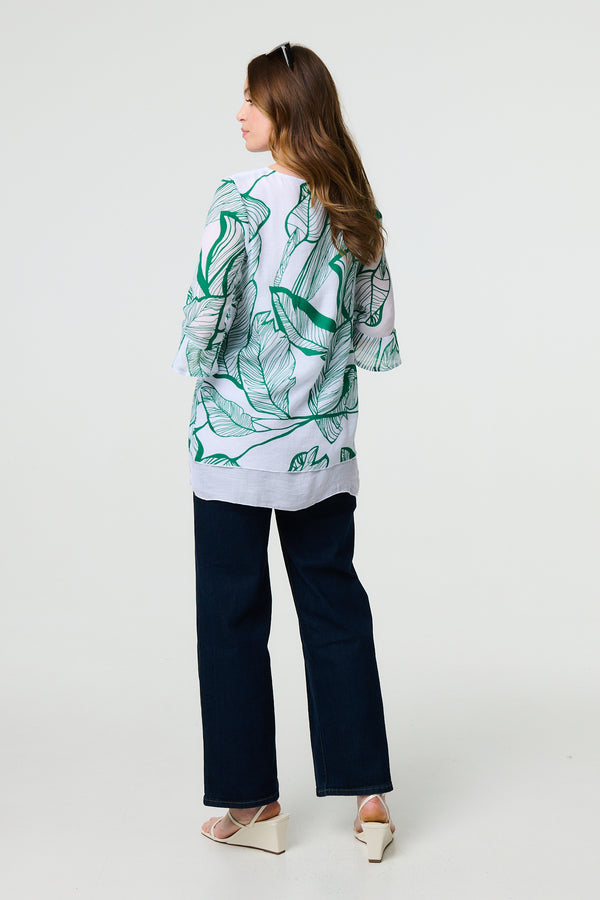 Green | Leaf Print 3/4 Sleeve Layered Tunic Top
