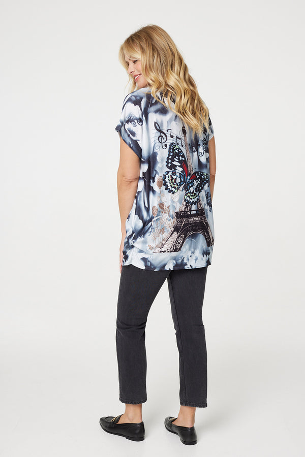 Grey | Embellished Butterfly Print Short Sleeve Top