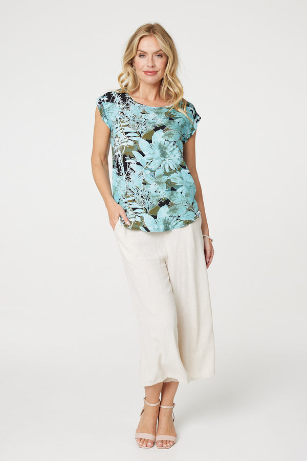 Blue | Floral Print Cap Sleeve Shell Top