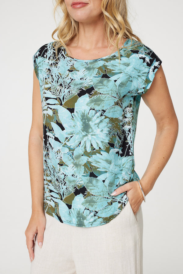 Blue | Floral Print Cap Sleeve Shell Top