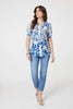 Blue | Leaf Print Short Puff Sleeve Shirt