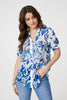 Blue | Leaf Print Short Puff Sleeve Shirt