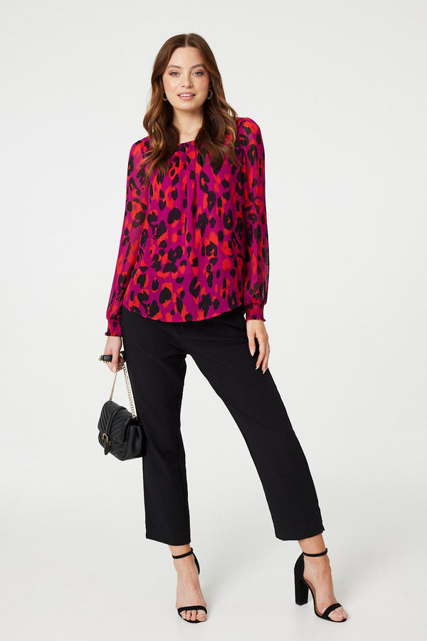 Pink | Animal Print Long Sleeve Ruched Blouse