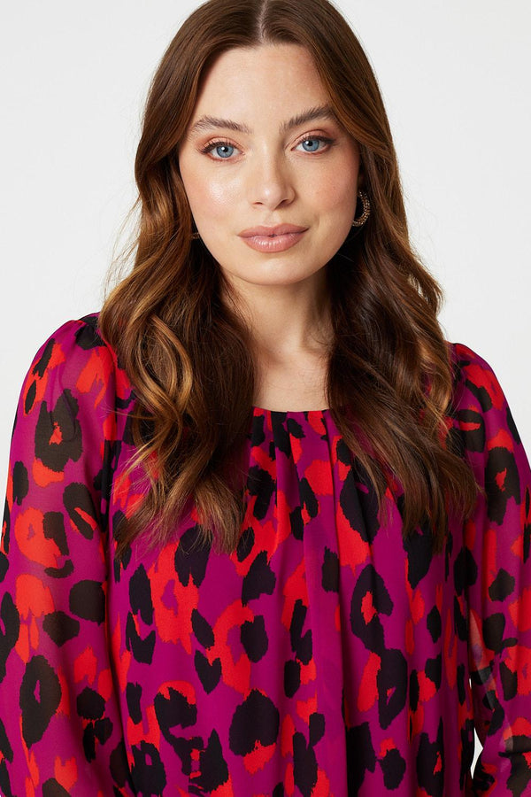 Pink | Animal Print Long Sleeve Ruched Blouse