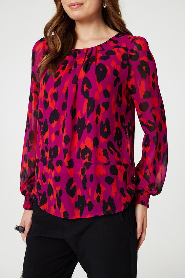 Pink | Animal Print Long Sleeve Ruched Blouse