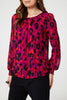 Pink | Animal Print Long Sleeve Ruched Blouse