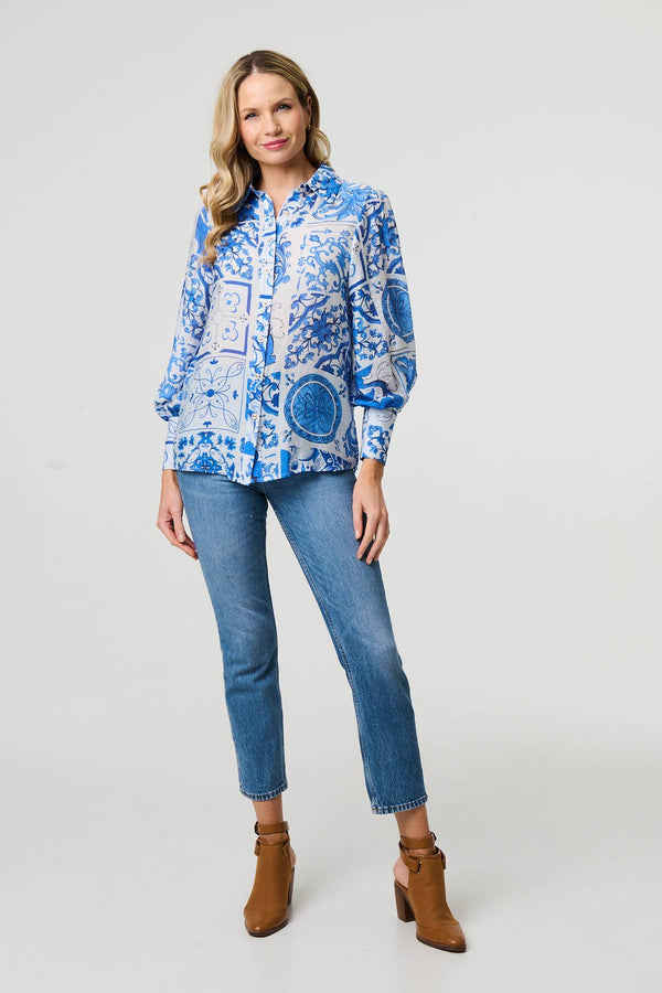 Blue | Mosaic Print Puff Sleeve Shirt
