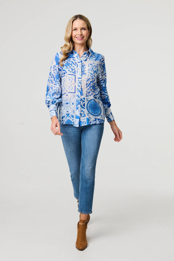 Blue | Mosaic Print Puff Sleeve Shirt
