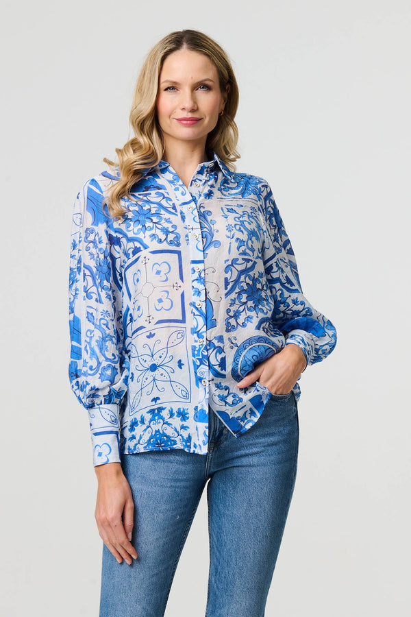 Blue | Mosaic Print Puff Sleeve Shirt
