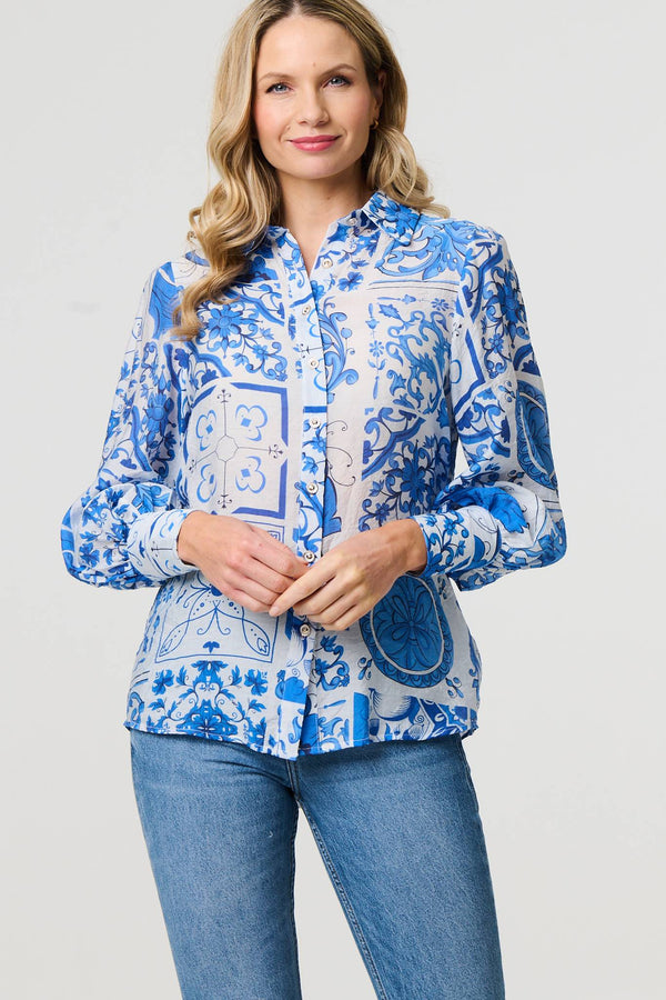 Blue | Mosaic Print Puff Sleeve Shirt
