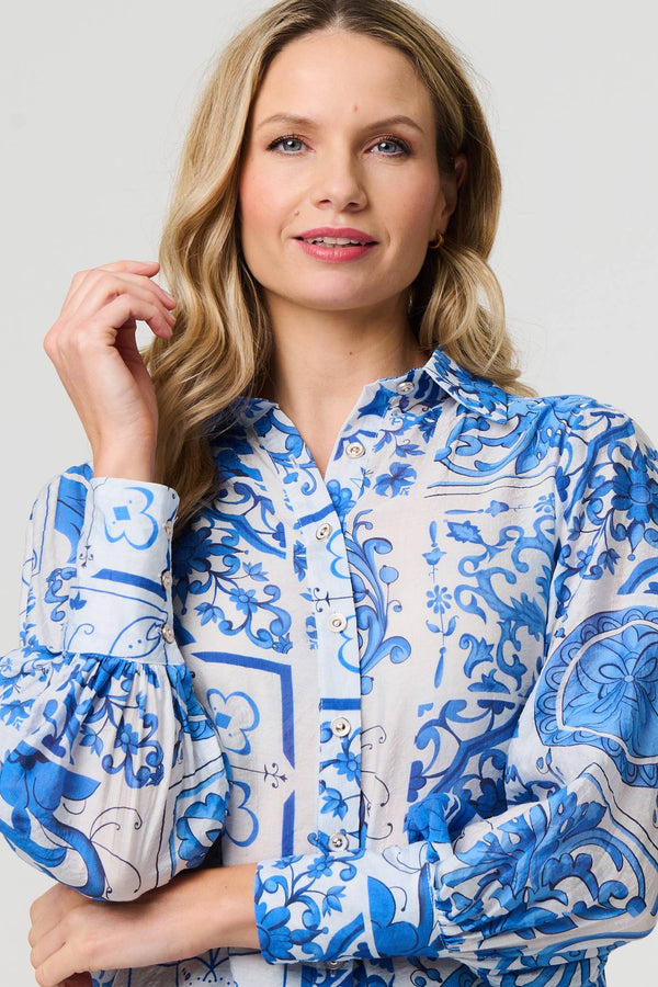 Blue | Mosaic Print Puff Sleeve Shirt
