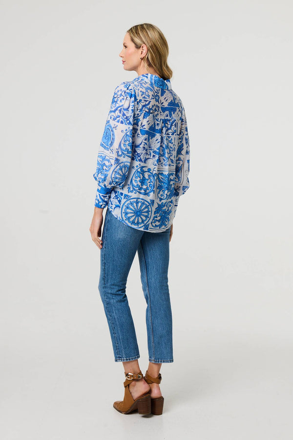 Blue | Mosaic Print Puff Sleeve Shirt
