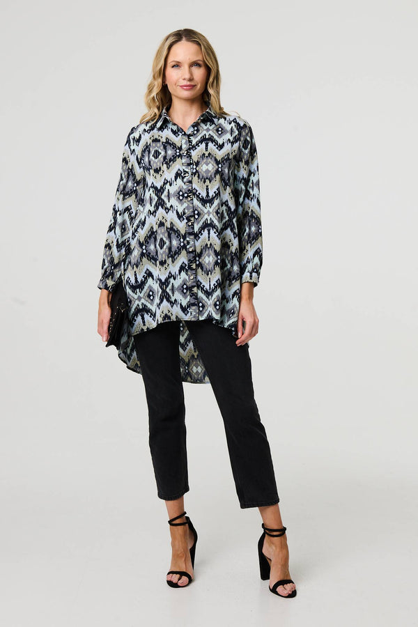 Black | Aztec Print High Low Long Sleeve Shirt
