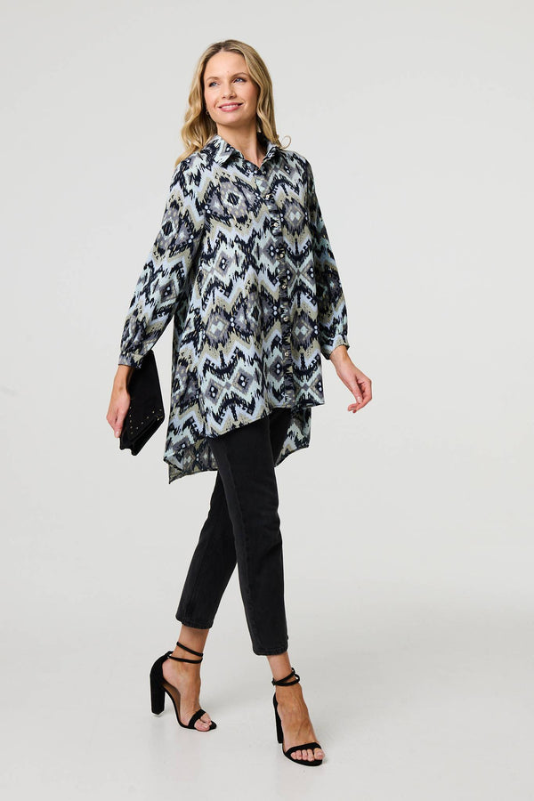 Black | Aztec Print High Low Long Sleeve Shirt
