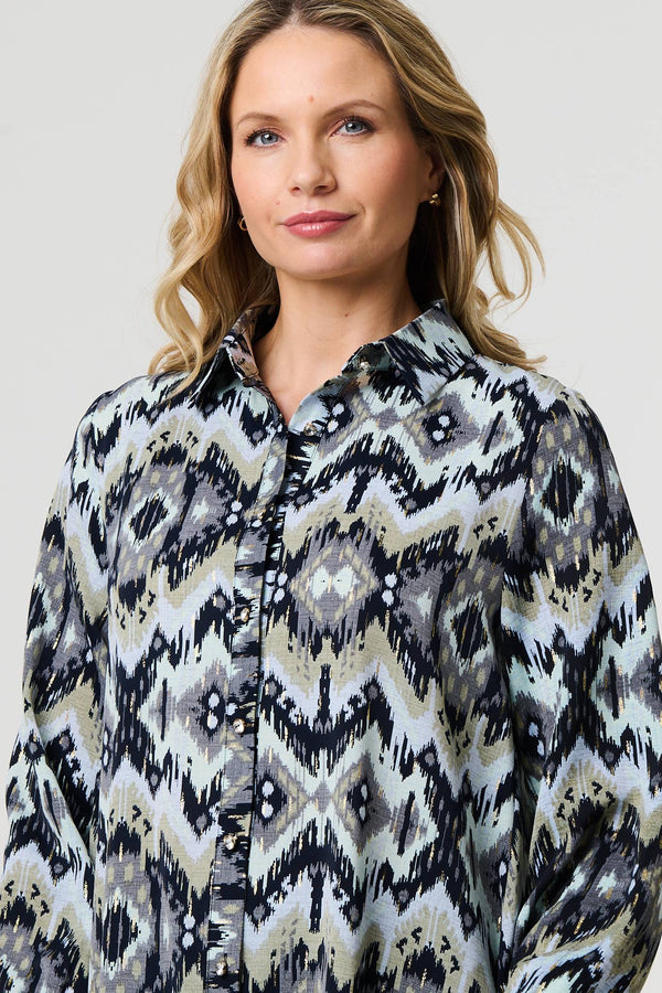 Black | Aztec Print High Low Long Sleeve Shirt
