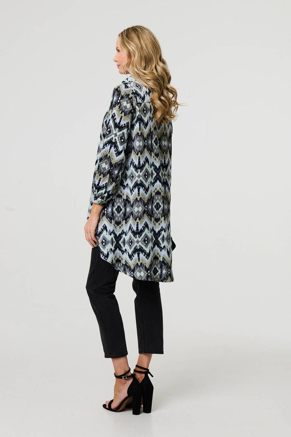 Black | Aztec Print High Low Long Sleeve Shirt
