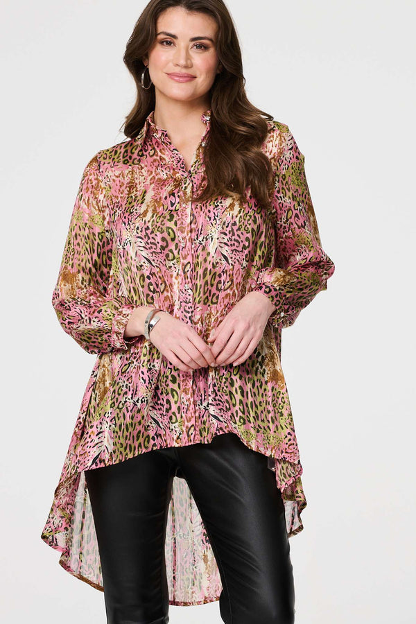 Pink | Animal Print High Low Semi Sheer Shirt