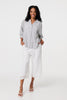 White | Pinstripe Relaxed Button Back Blouse : Model is 5'8