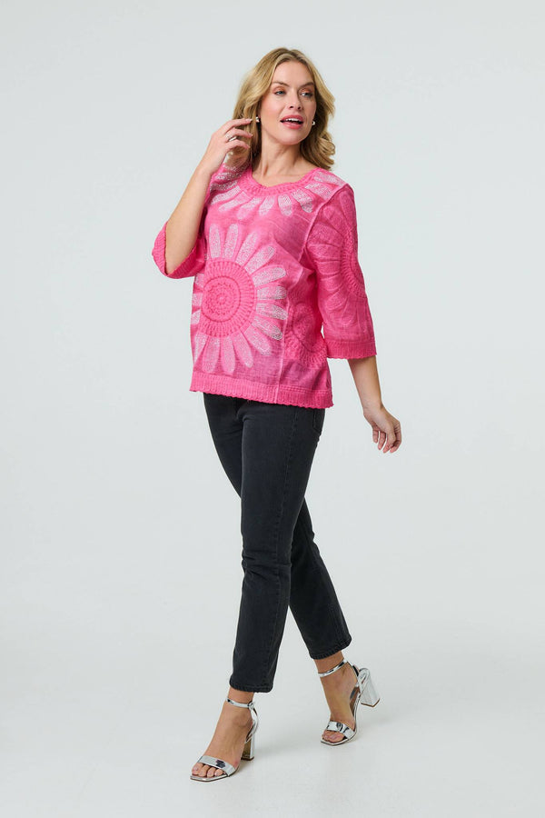 Pink | Floral Diamante Stud 3/4 Sleeve Knit Top
