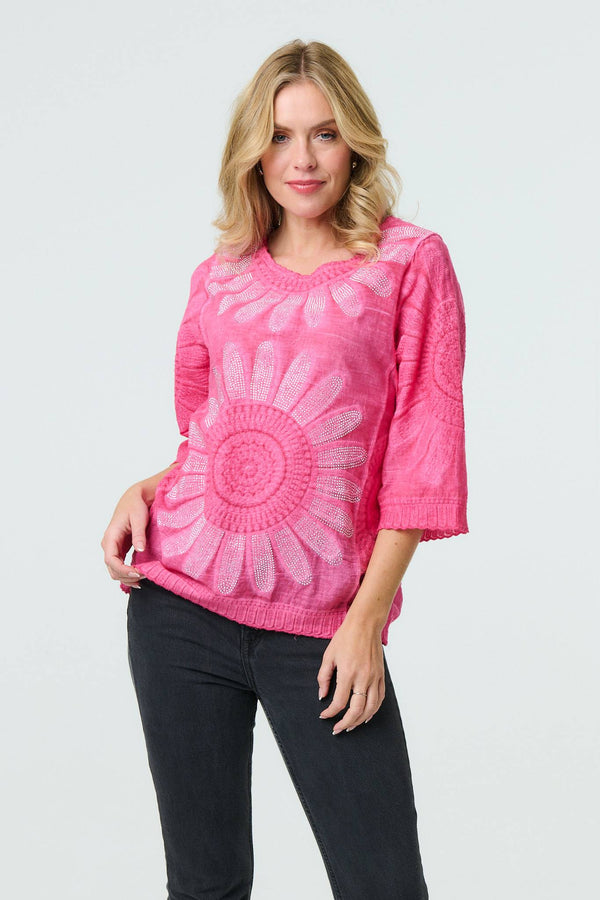 Pink | Floral Diamante Stud 3/4 Sleeve Knit Top
