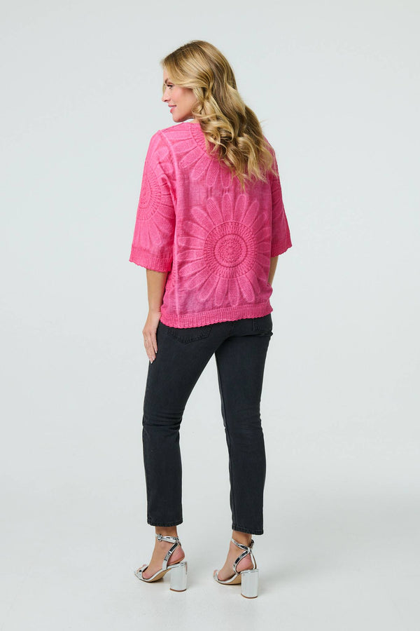 Pink | Floral Diamante Stud 3/4 Sleeve Knit Top
