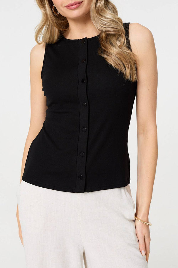 Black | Sleeveless Button Front Slim Vest Top
