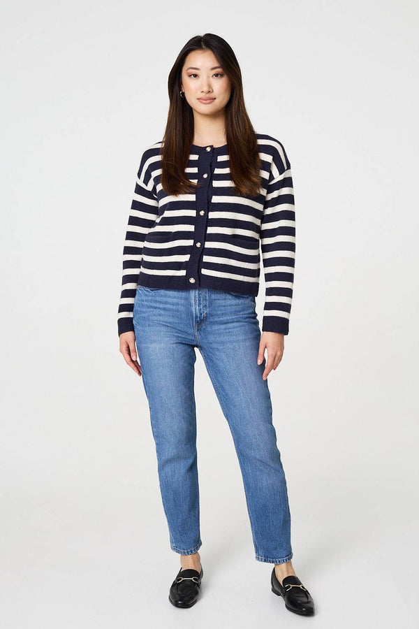 Navy | Striped Button Detail Cropped Cardigan
