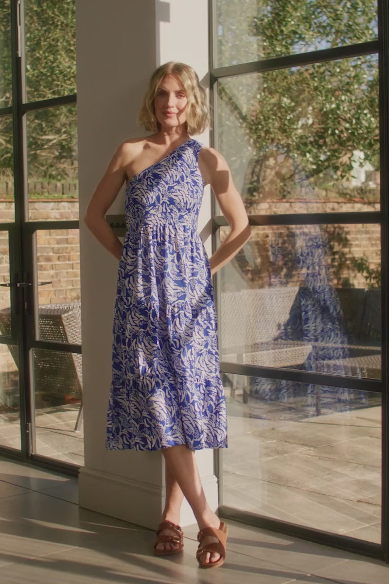 Blue | Printed Asymmetric Midi Sun Dress